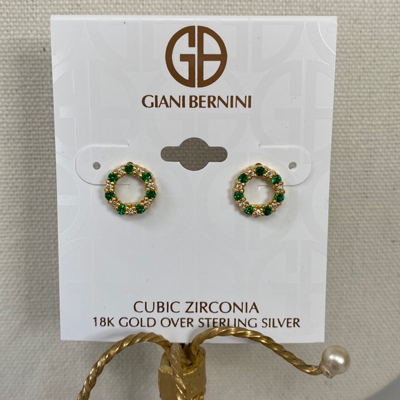 Dainty 18k GP sparkly CZ green open circle earrings - Picture 1 of 4